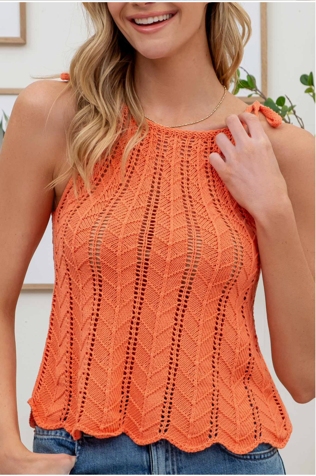 Pointelle Tie Strap Top in Bright Orange