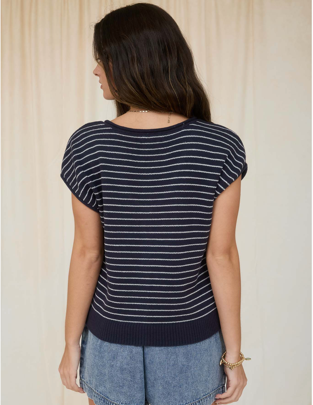 Stripe Scoop Neck Raw Edge Short Sleeve Cardigan