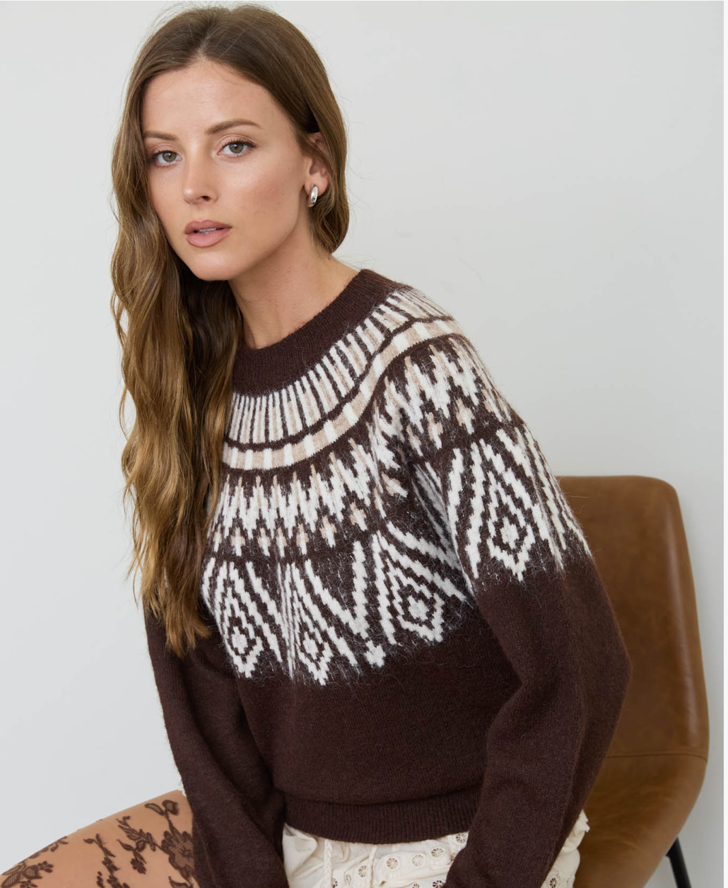 Fair Isle Yoke Crew Neck Knit Pullover
