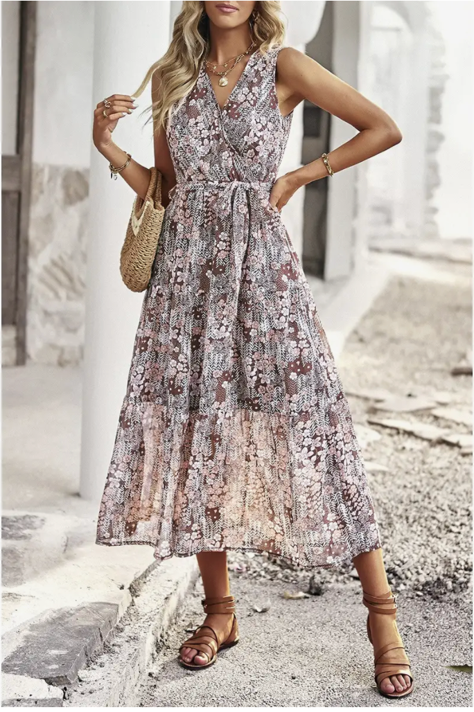 Floral Print Cross V Neck Belt Fit Sleeveless Dress LivMad Company