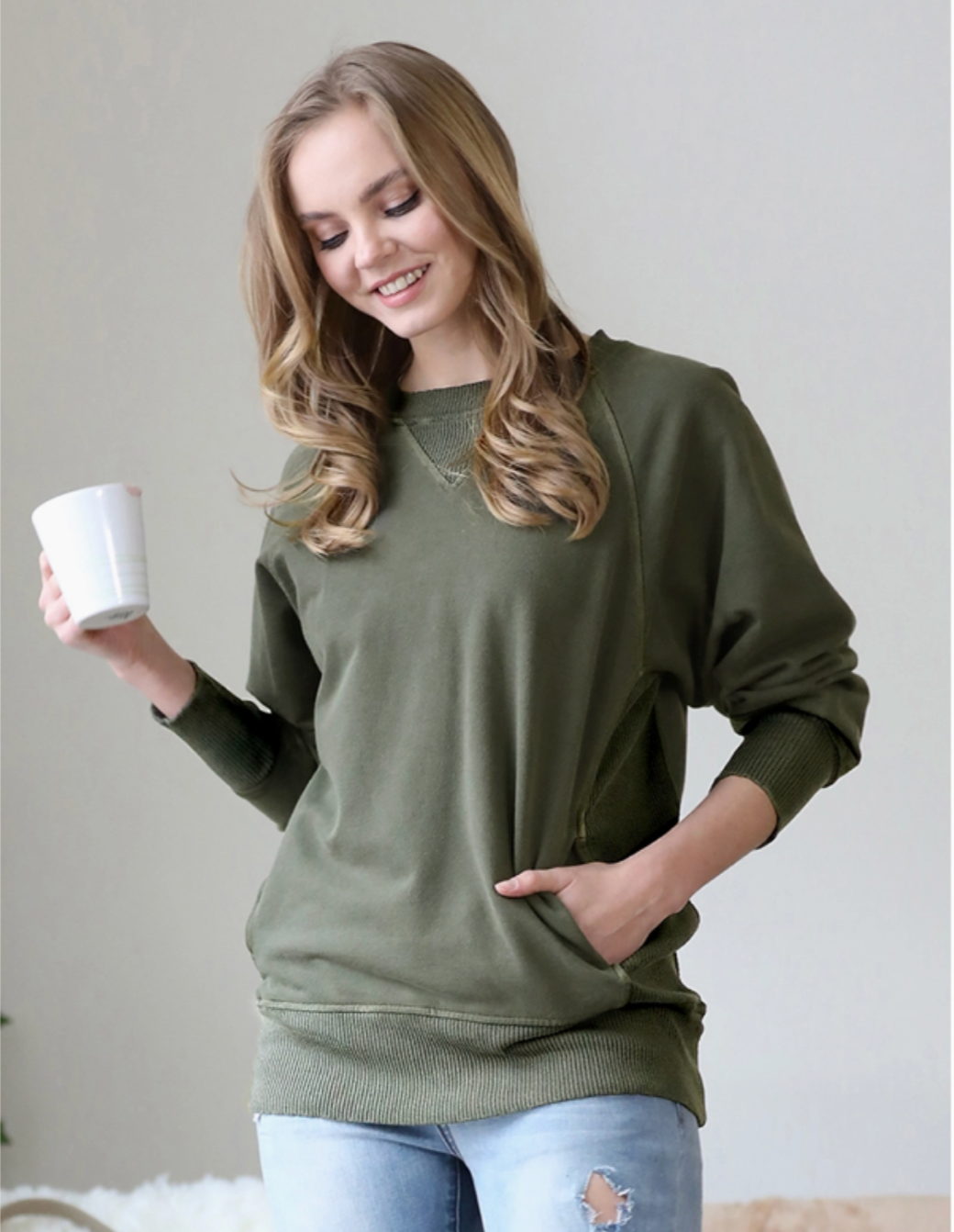 Washed French Terry Pullover with Side Pockets