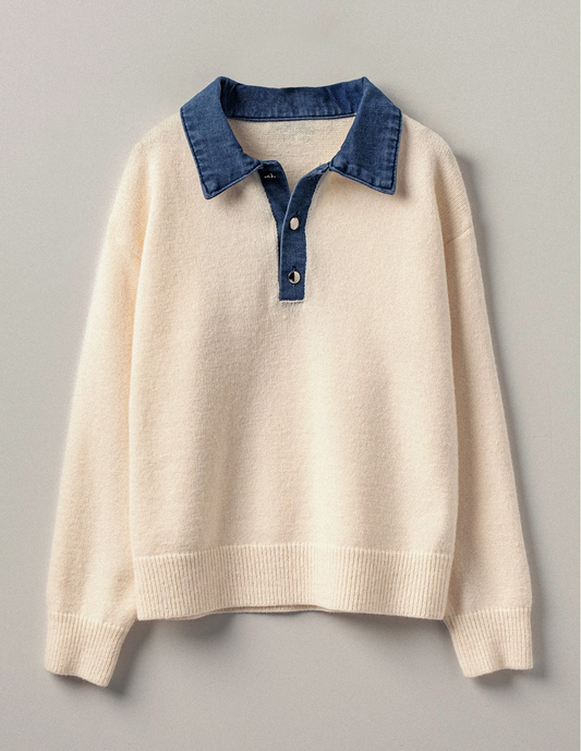 Denim Collar Button Knit Pullover