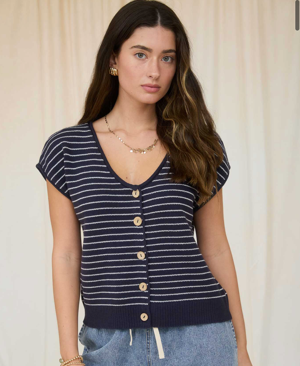 Stripe Scoop Neck Raw Edge Short Sleeve Cardigan