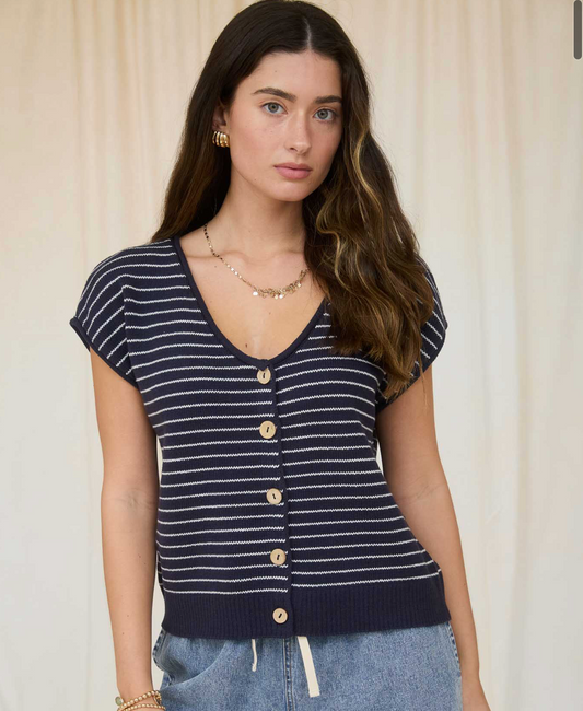Stripe Scoop Neck Raw Edge Short Sleeve Cardigan