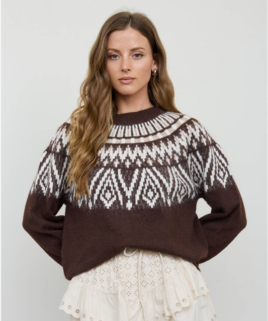 Fair Isle Yoke Crew Neck Knit Pullover